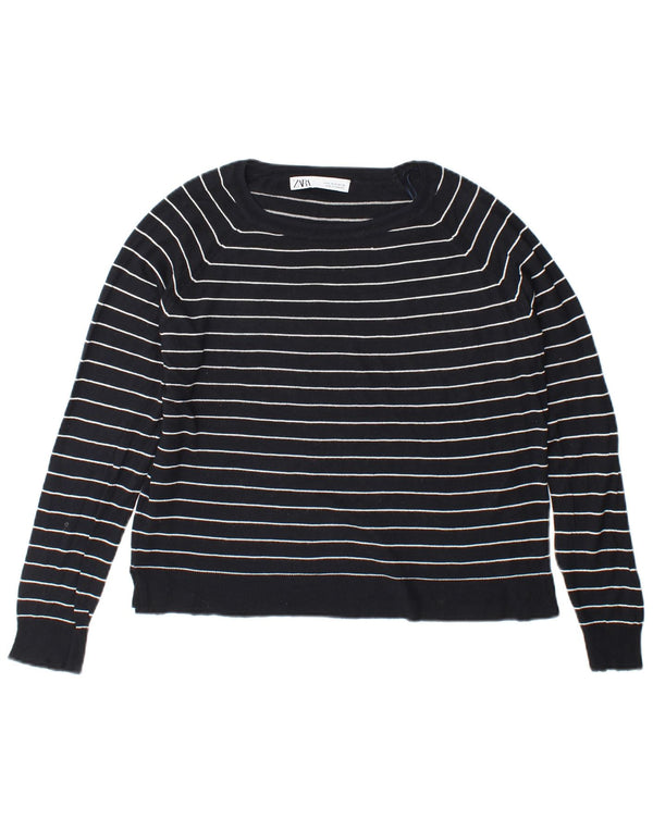 Zara Womens Crop Boat Neck Jumper Sweater UK 10 Petit Bleu Marine Rayé