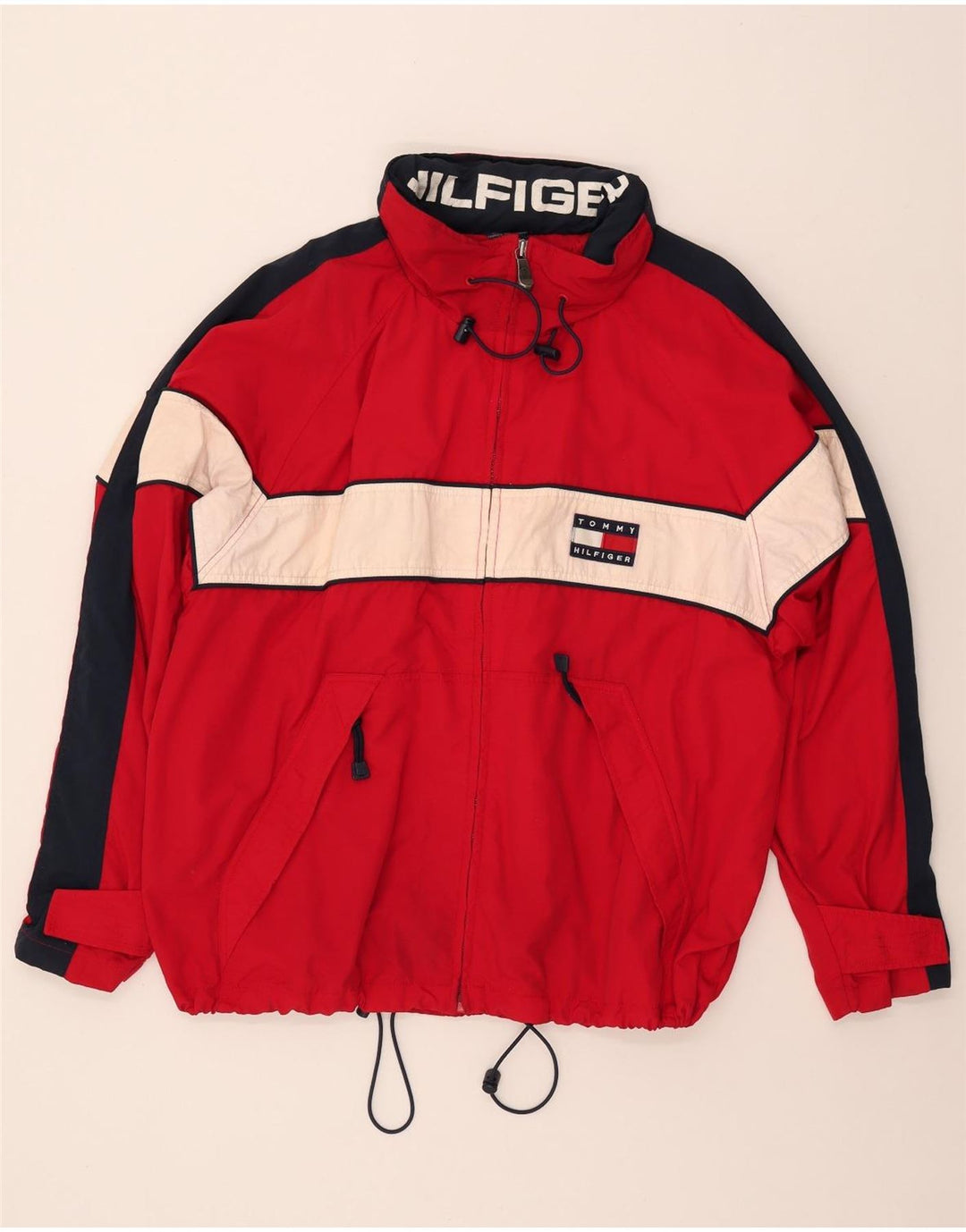 Tommy Hilfiger Veste de pluie à capuche pour homme UK 40 Large Rouge Colorblock Nylon