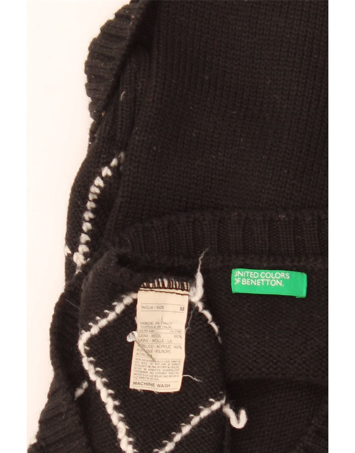 Benetton Pull col V pour femme UK 42 Medium Noir Argyle/Diamant