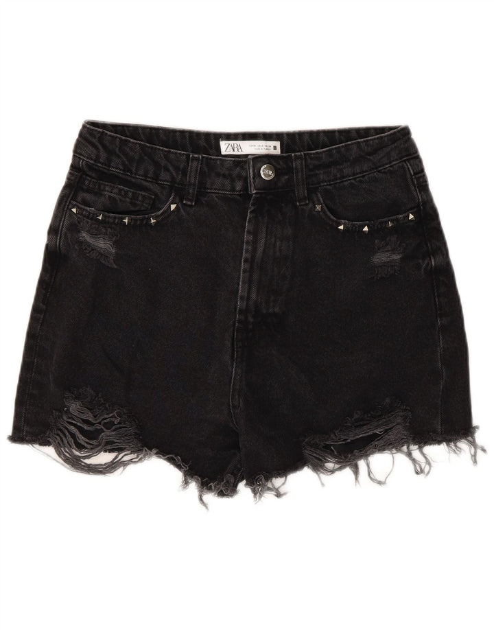 ZARA Short en jean vieilli pour femme EU 38 Small W28 Noir