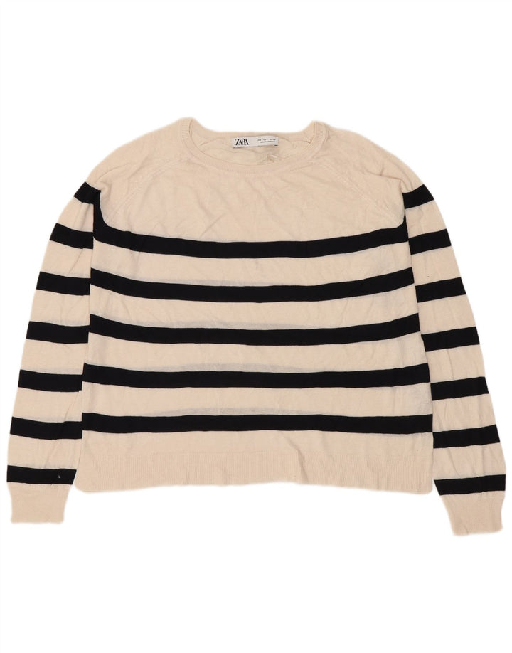 ZARA Pull court à col bateau pour femme UK 10 Petit blanc cassé rayé