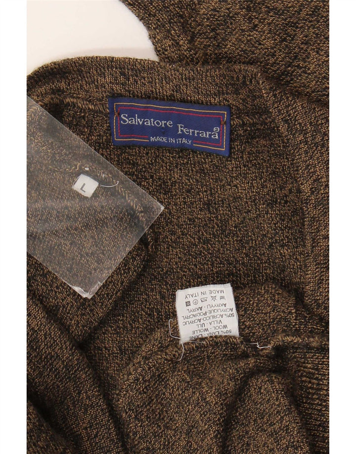 vintage Mens Cardigan Sweater Grande laine géométrique brune