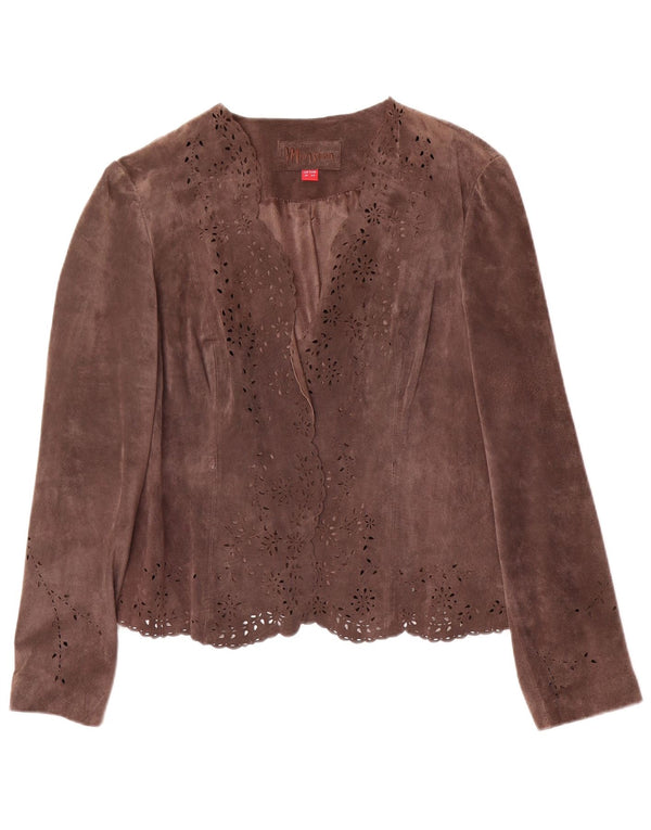 MONSOON Veste blazer ouverte en daim pour femme UK 16 Grand cuir marron