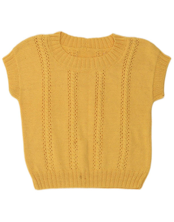 vintage Femmes Manches Courtes Col Bateau Pull Pull UK 14 Jaune Moyen