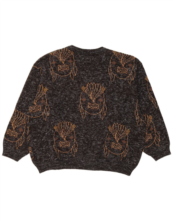 VINTAGE Femmes Graphique Crew Neck Jumper Pull UK 18 XL Noir Moucheté