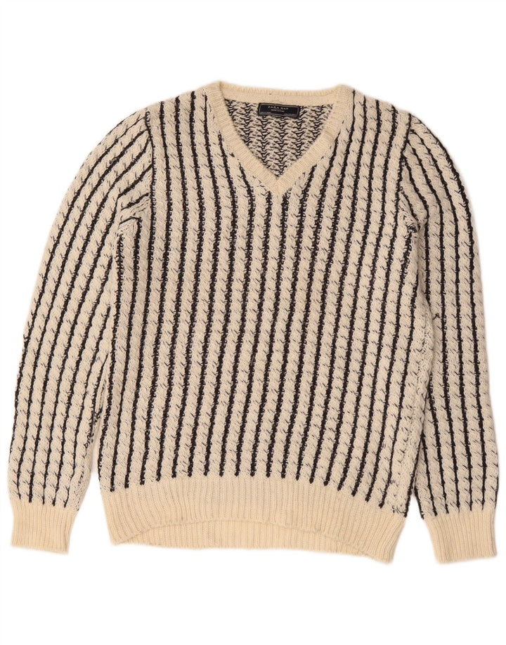 Zara Homme Col V Pull Pull Large Rayé Blanc Acrylique