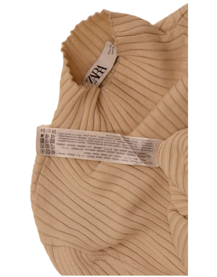 Zara Pull court à col roulé pour femme UK 12 Viscose beige moyen