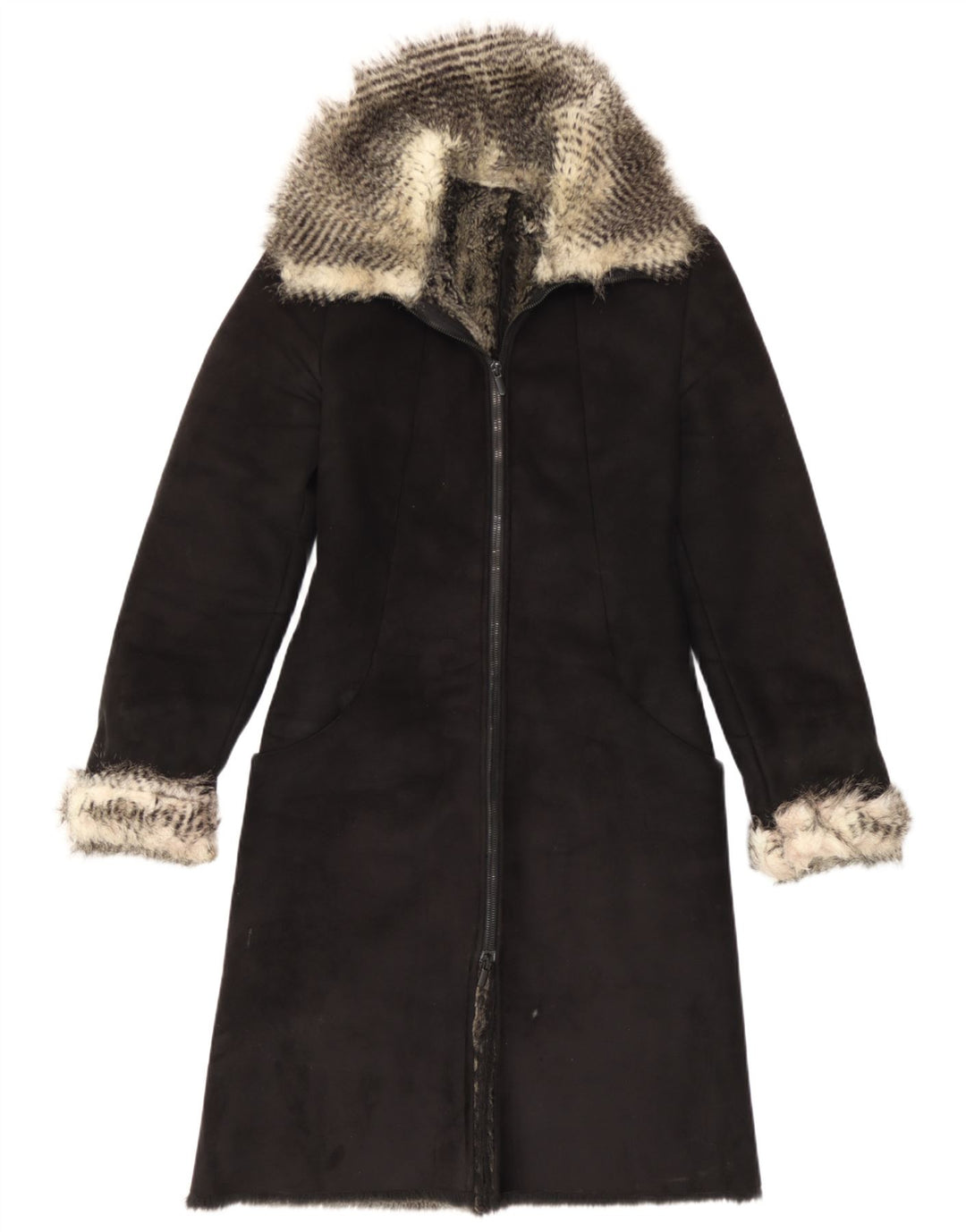 vintage Femmes Sherpa Pardessus IT 40 Petit Noir