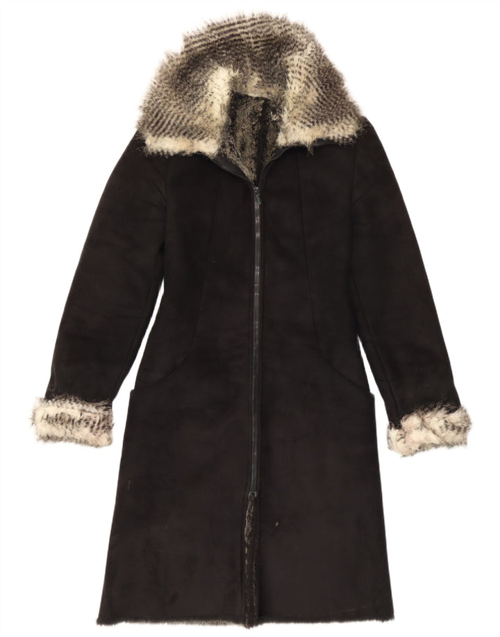 vintage Femmes Sherpa Pardessus IT 40 Petit Noir