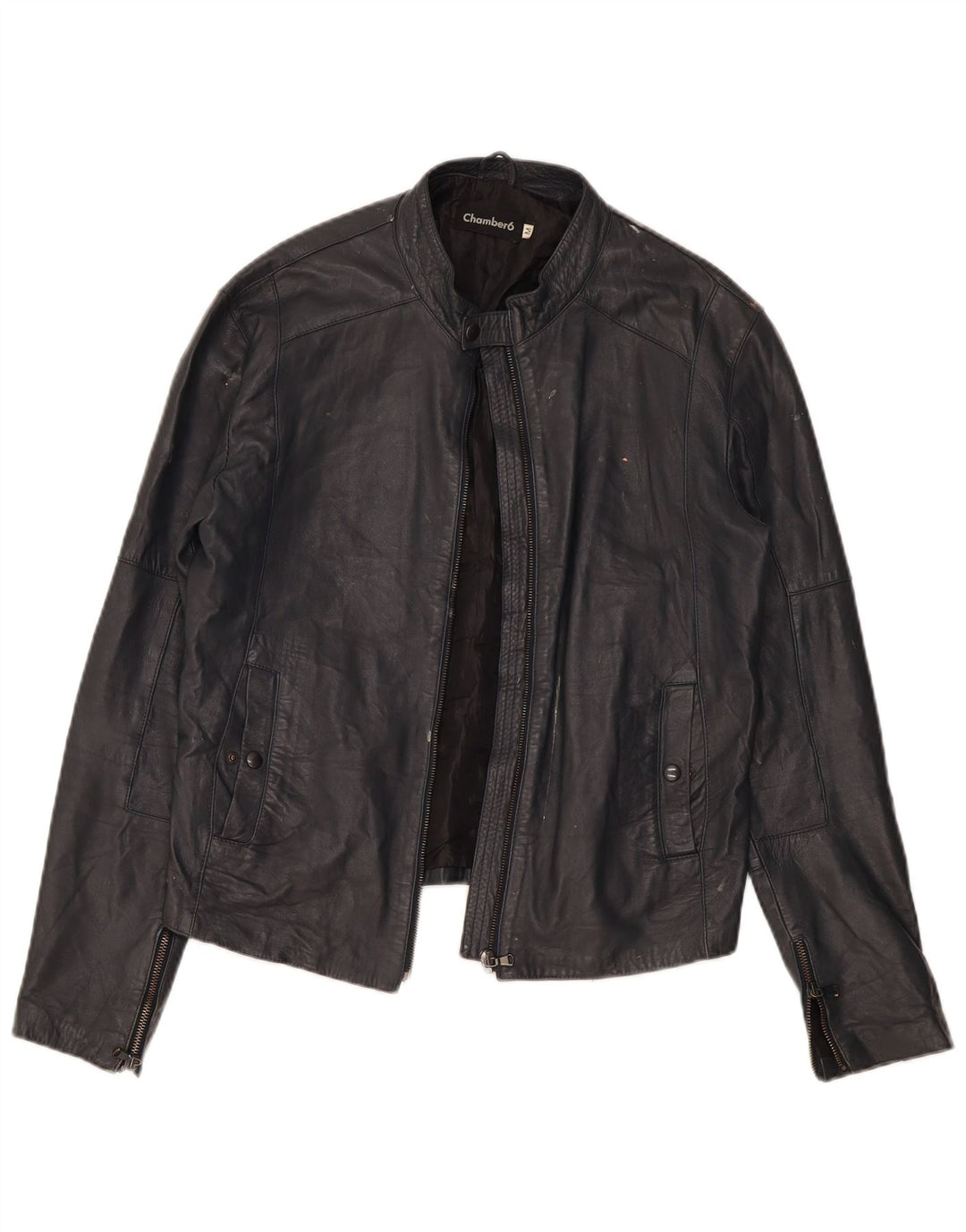 Vintage Womens Leather Racer Jacket UK 14 Medium Navy Blue