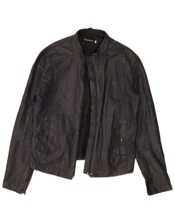 Vintage Womens Leather Racer Jacket UK 14 Medium Navy Blue