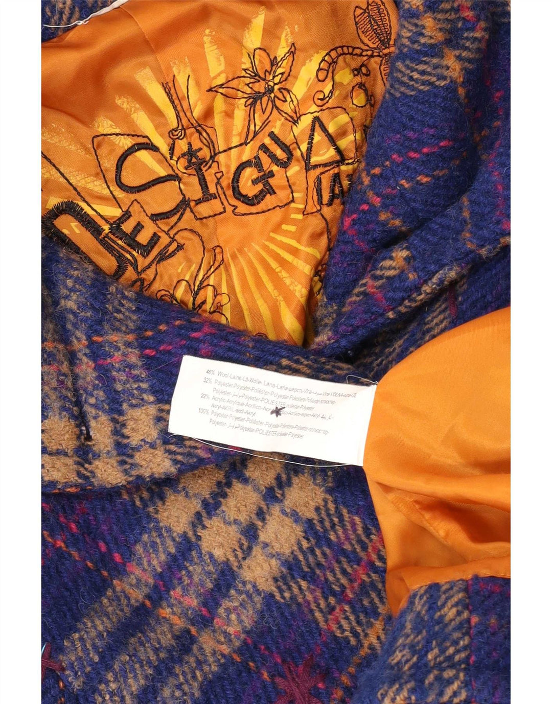 Desigual Manteau Femme UK 10 Petit Laine à Carreaux Bleu