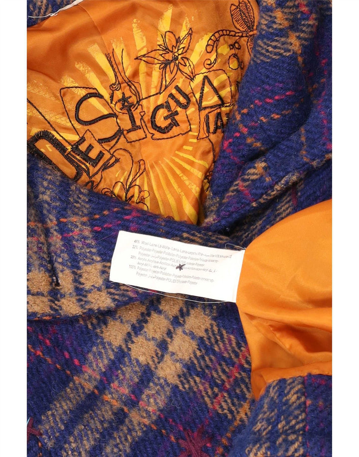 Desigual Manteau Femme UK 10 Petit Laine à Carreaux Bleu