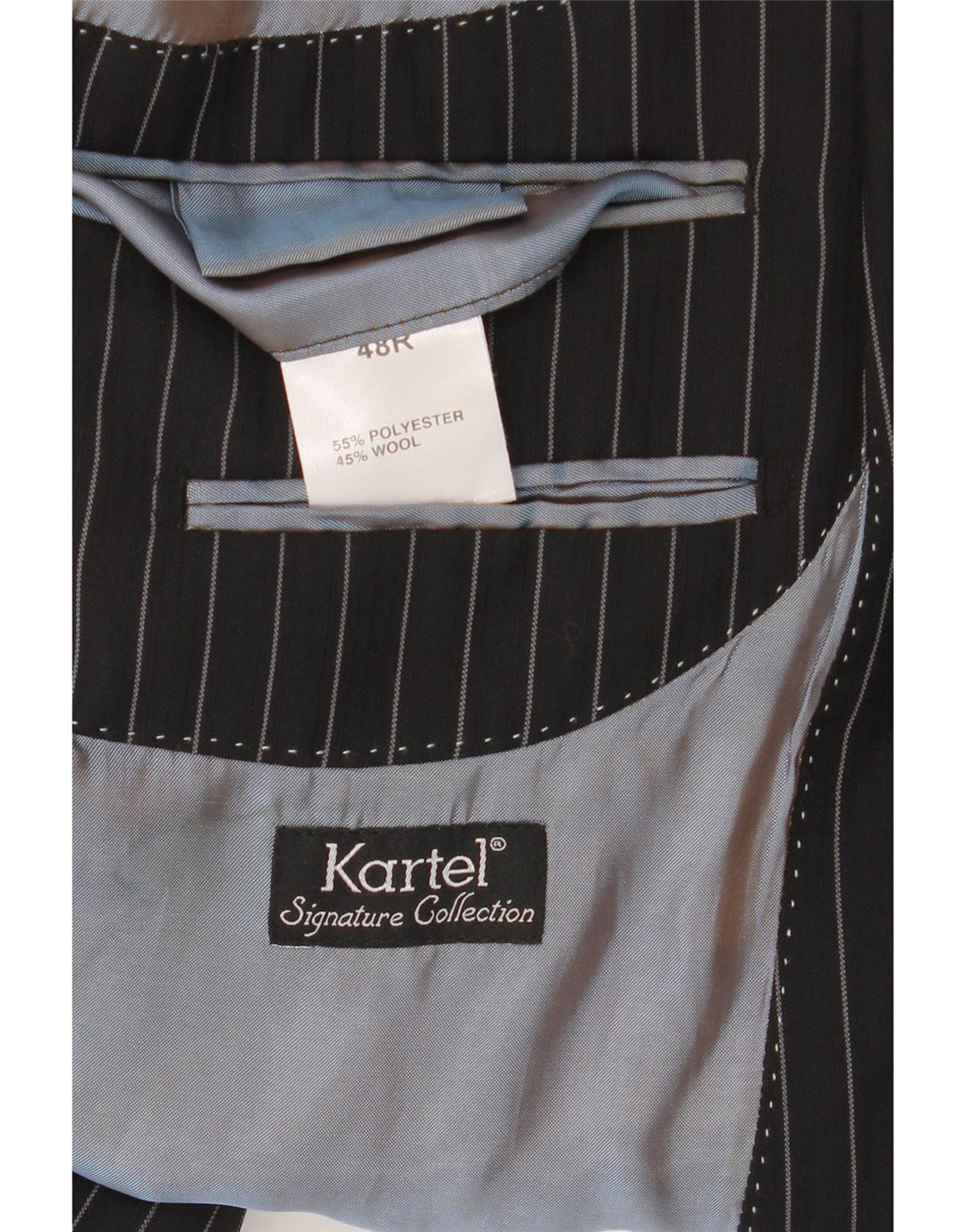 Kartel Veste blazer à 2 boutons pour homme UK 48 4XL Noir à fines rayures Polyester