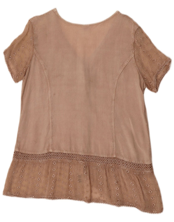 vintage Femme Chemise À Manches Courtes Blouse UK 14 Viscose Florale Beige Moyen