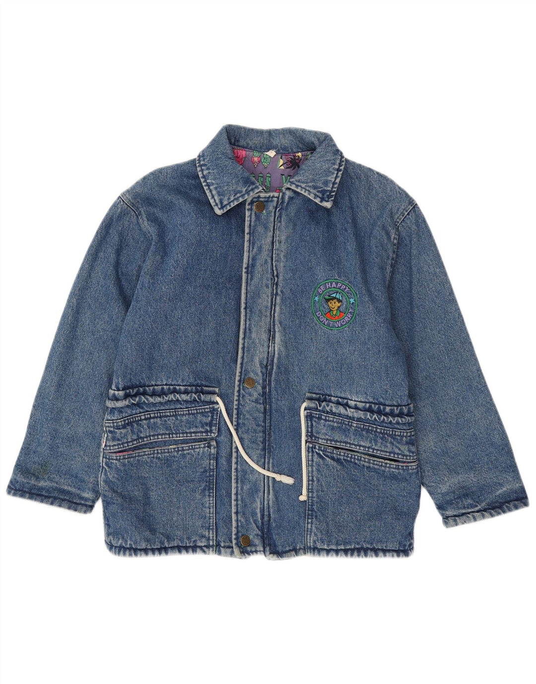 veste en denim graphique femme vintage UK 16 Grand Bleu