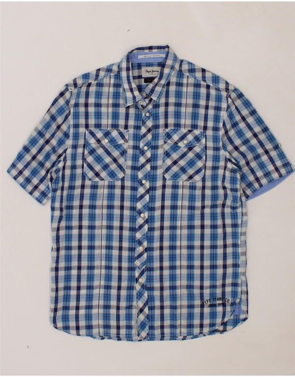 PEPE JEANS Mens Regular Fit Short Sleeve Shirt Medium Blue Check Cotton