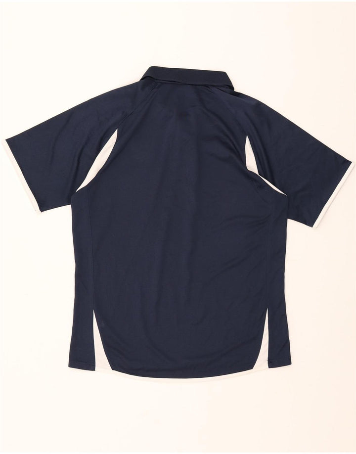 ASICS Mens Graphic Polo Shirt Medium Navy Blue Colourblock Polyester Vintage Asics and Second-Hand Asics from Messina Hembry 