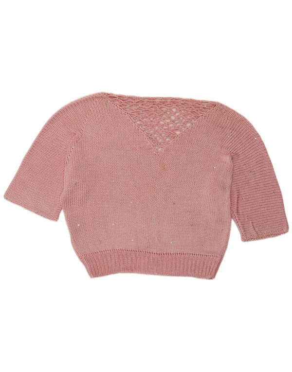 vintage Womens Crop Boat Neck Jumper Pull UK 14 Rose Moyen Tacheté