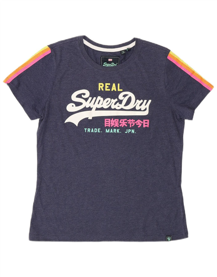SUPERDRY T-Shirt Graphique Femme UK 14 Large Bleu Marine Coton
