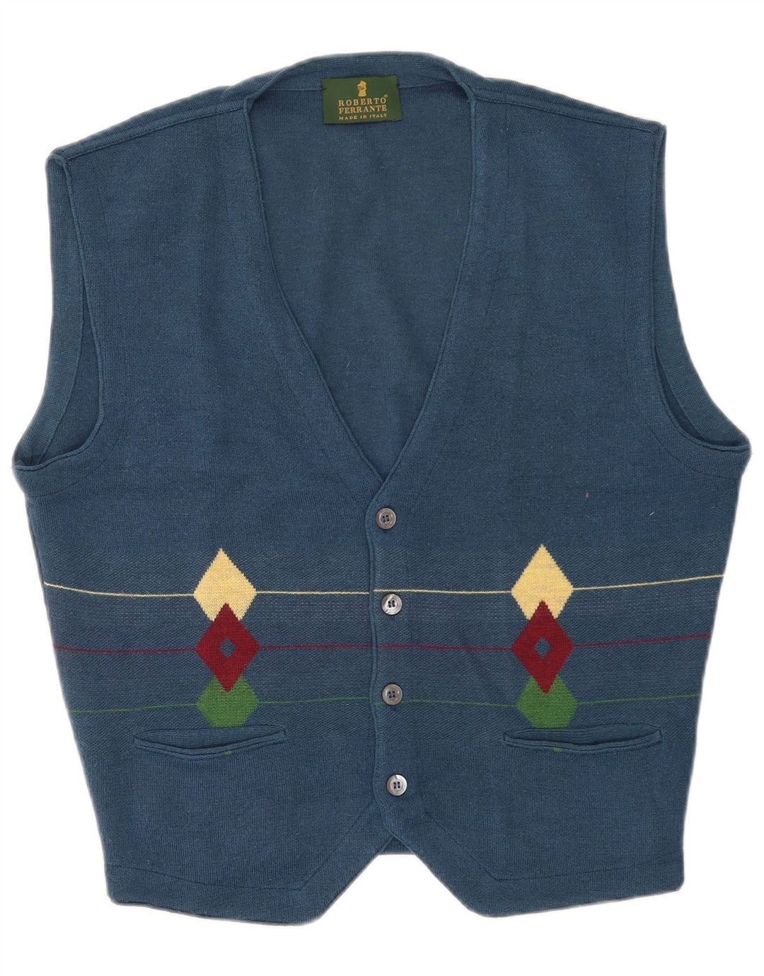 vintage Mens Cardigan sans manches Pull IT 50 Moyen Bleu Géométrique