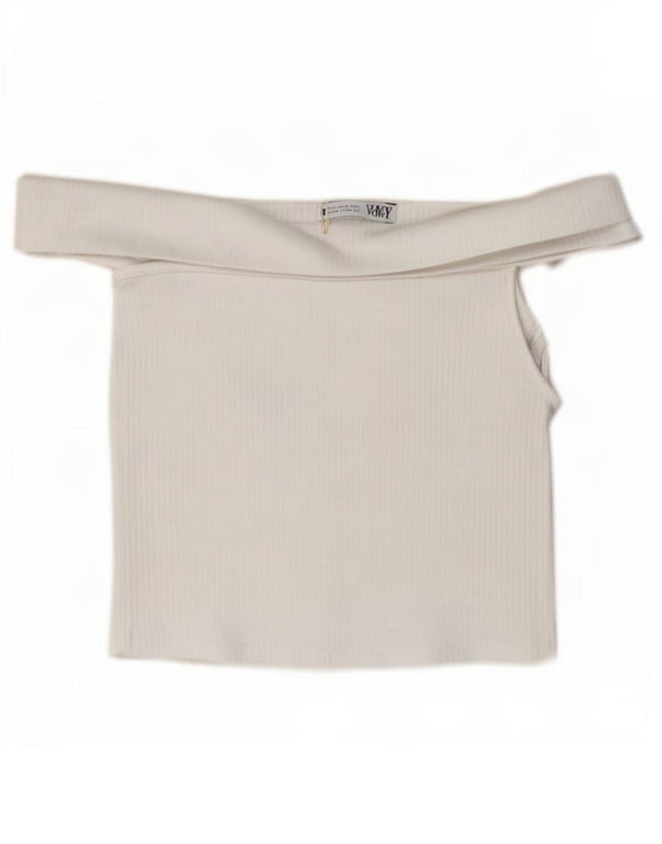 Zara Femmes Crop Off Épaule Top UK 10 Petit Blanc Coton