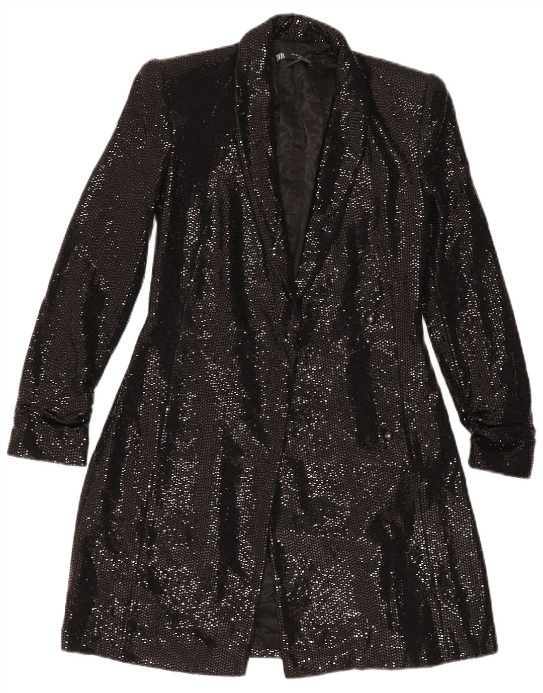 ZARA Femme Veste Blazer Ouverte Longue UK 6 XS Noir Polyamide