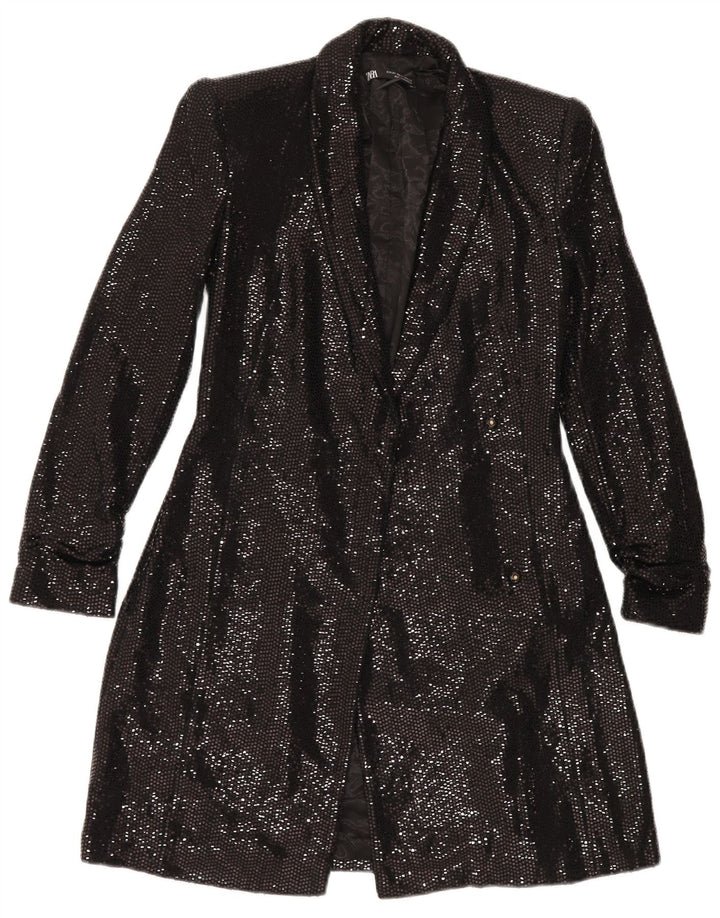 ZARA Femme Veste Blazer Ouverte Longue UK 6 XS Noir Polyamide