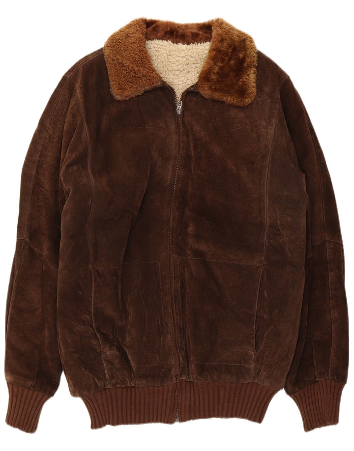 vintage Mens Sherpa Suede Bomber Jacket UK 36 Petit Brun