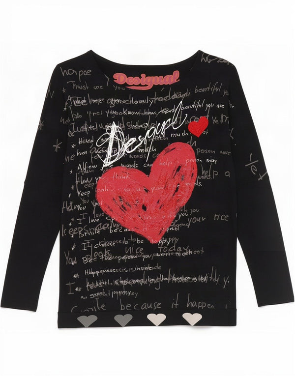 Desigual Haut graphique surdimensionné à manches 3/4 pour femme UK 14 Viscose noir moyen