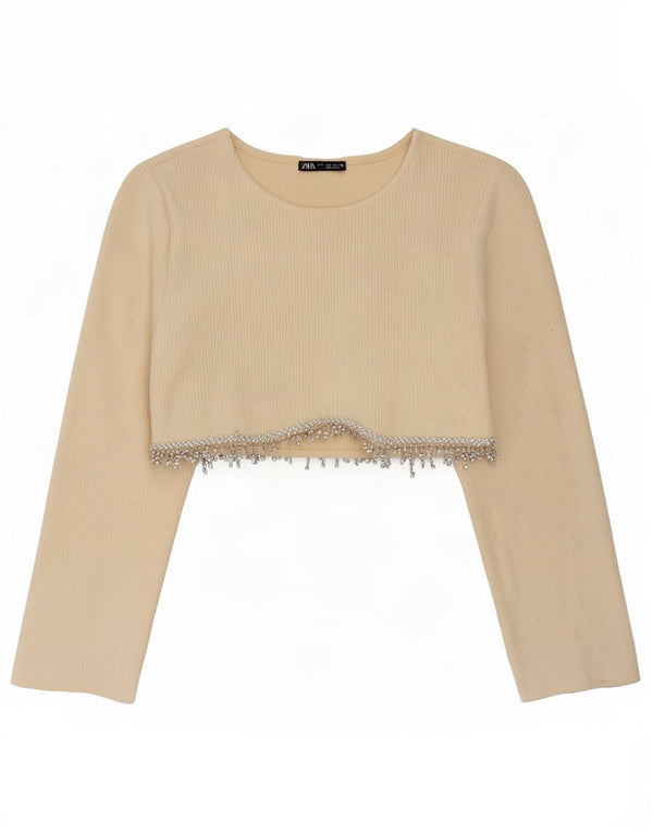 Zara Womens Crop Top Manches Longues UK 10 Petit Beige