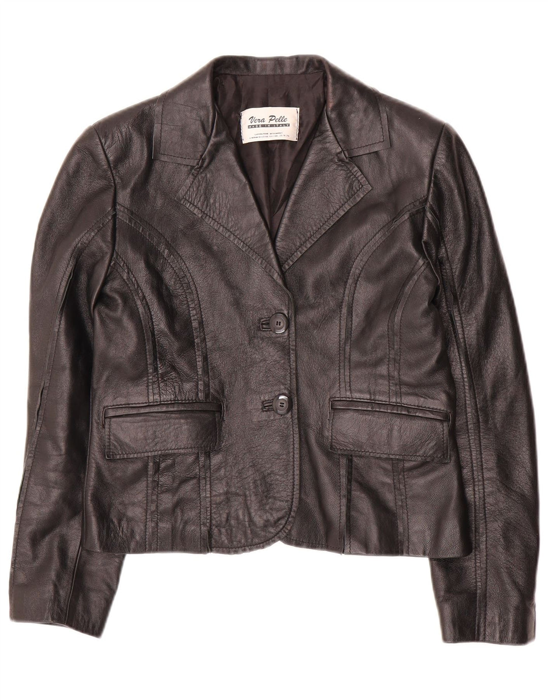 VINTAGE Veste Blazer Crop 2 Boutons Femme IT 42 Cuir Noir Moyen