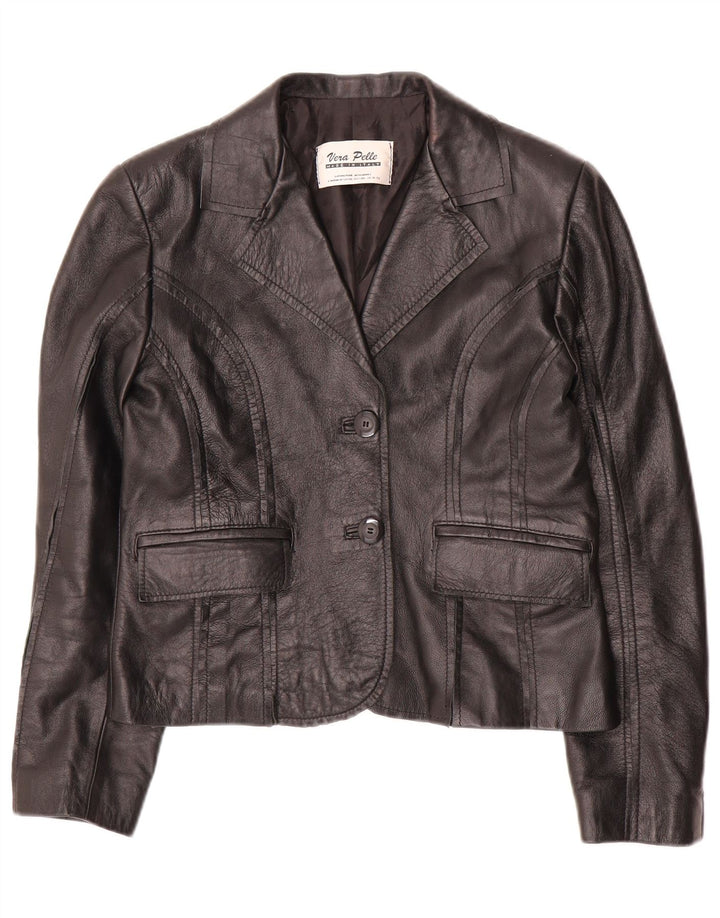 VINTAGE Veste Blazer Crop 2 Boutons Femme IT 42 Cuir Noir Moyen