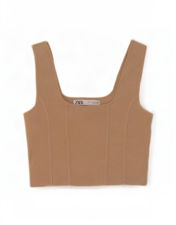 Zara Womens Sleeveless Crop Top UK 8 Small Beige Nylon