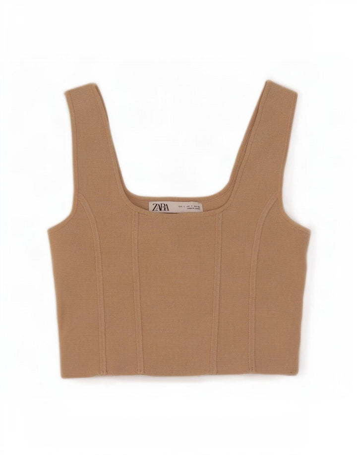 Zara Femmes Haut Court Sans Manches UK 8 Petit Nylon Beige