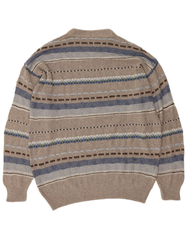 vintage Mens Crew Neck Jumper Pull Grand Gris Géométrique