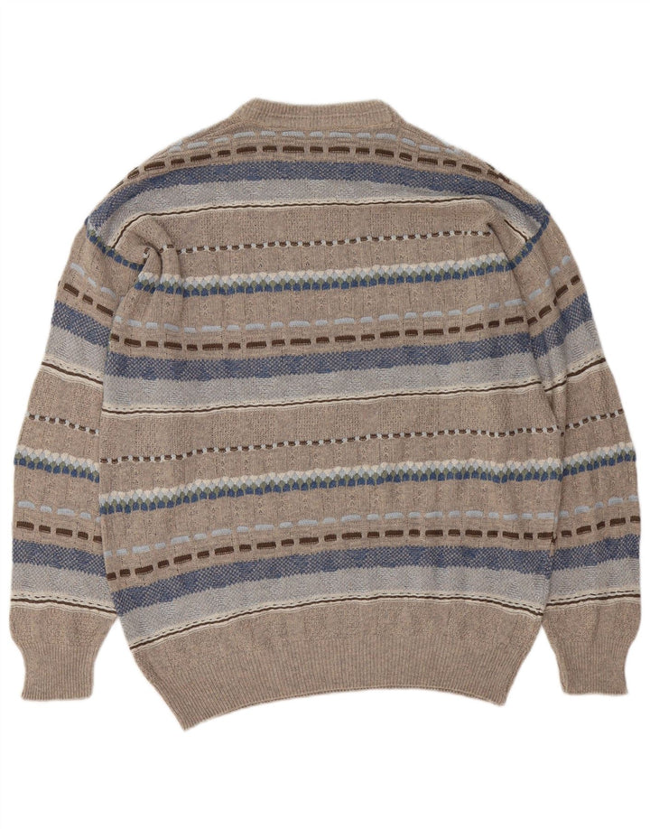 vintage Mens Crew Neck Jumper Pull Grand Gris Géométrique