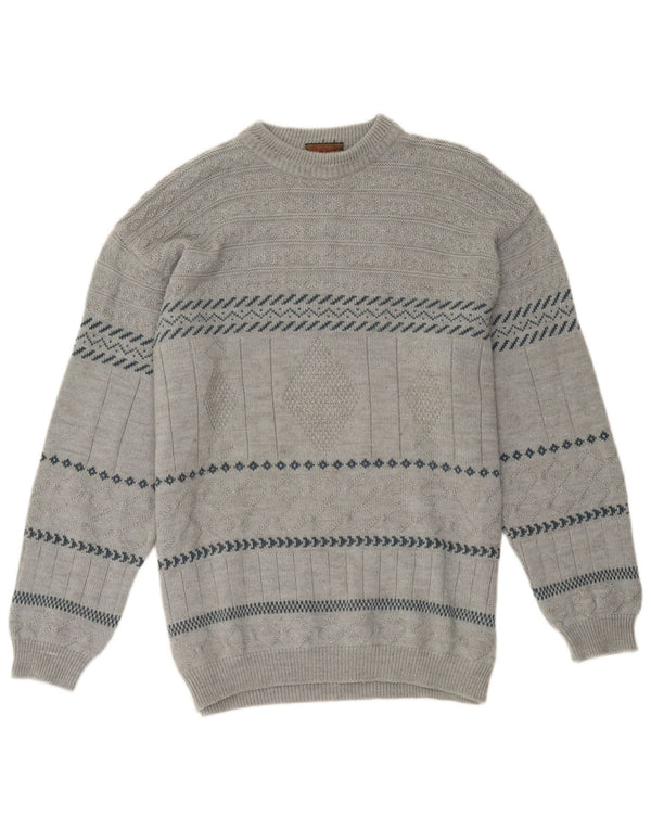 vintage Mens Crew Neck Jumper Pull Grand Gris Géométrique Acrylique