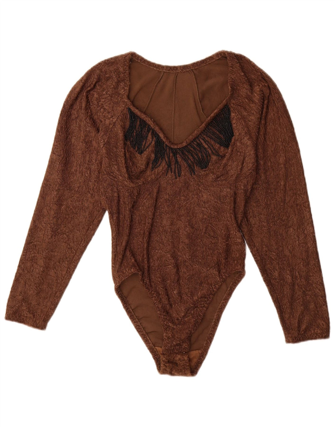 vintage Femme Manches Longues Body UK 12 Medium Brown Polyamide