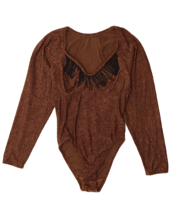 vintage Femme Manches Longues Body UK 12 Medium Brown Polyamide