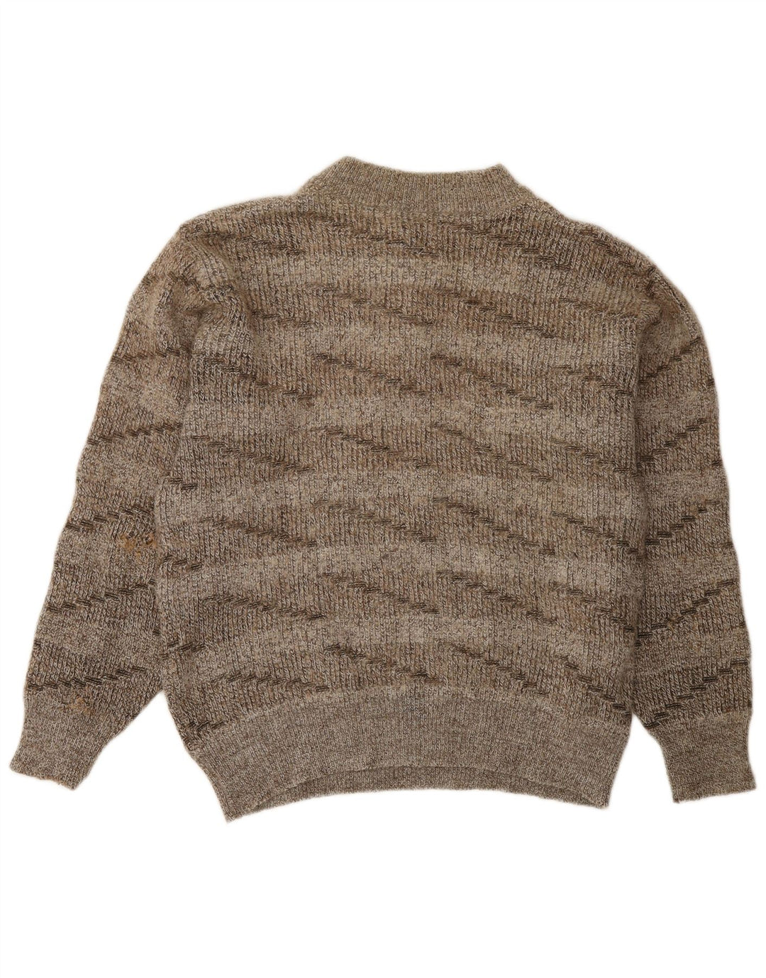 vintage Womens Button Neck Jumper Pull UK 16 Grande laine rayée brune