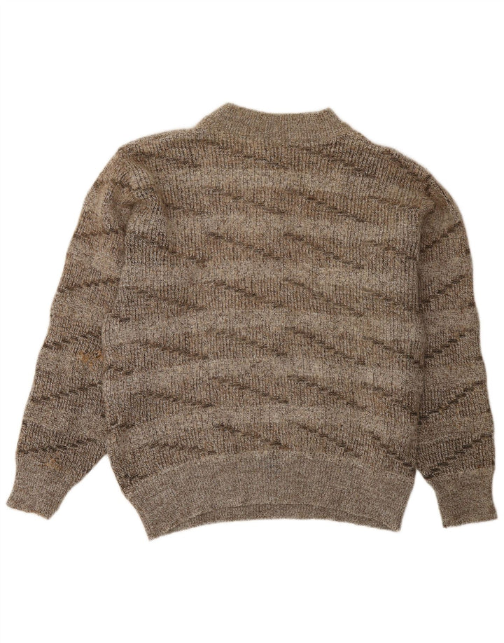 vintage Womens Button Neck Jumper Pull UK 16 Grande laine rayée brune