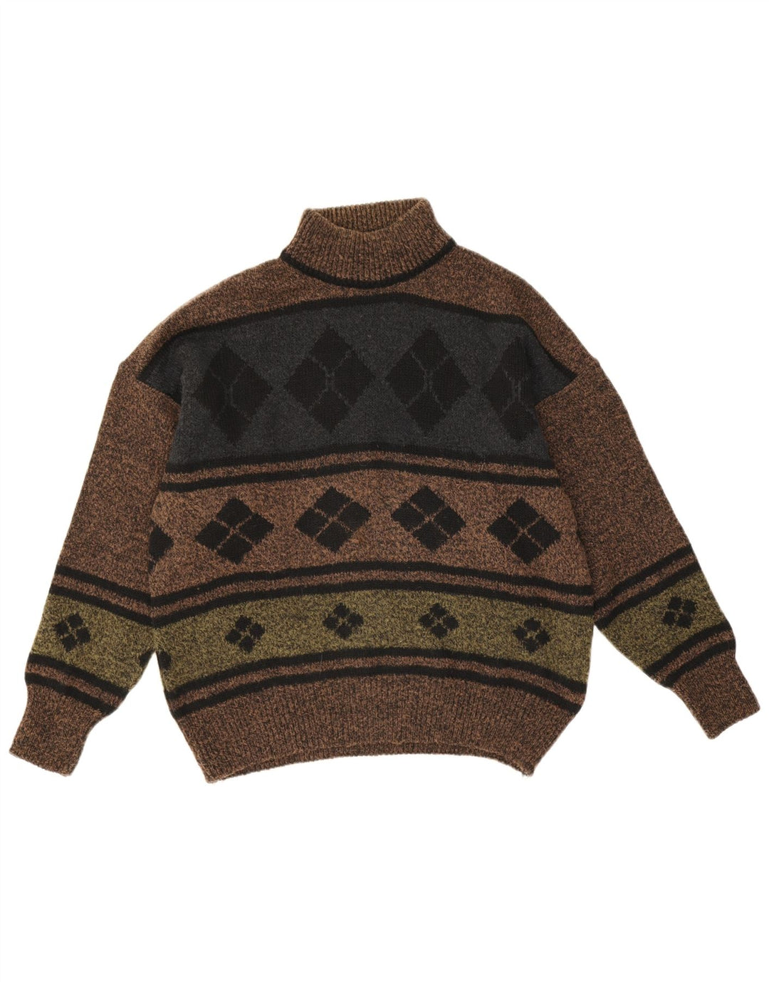 vintage Mens Turtle Neck Jumper Pull IT 48 Marron Moyen Argyle/Diamant