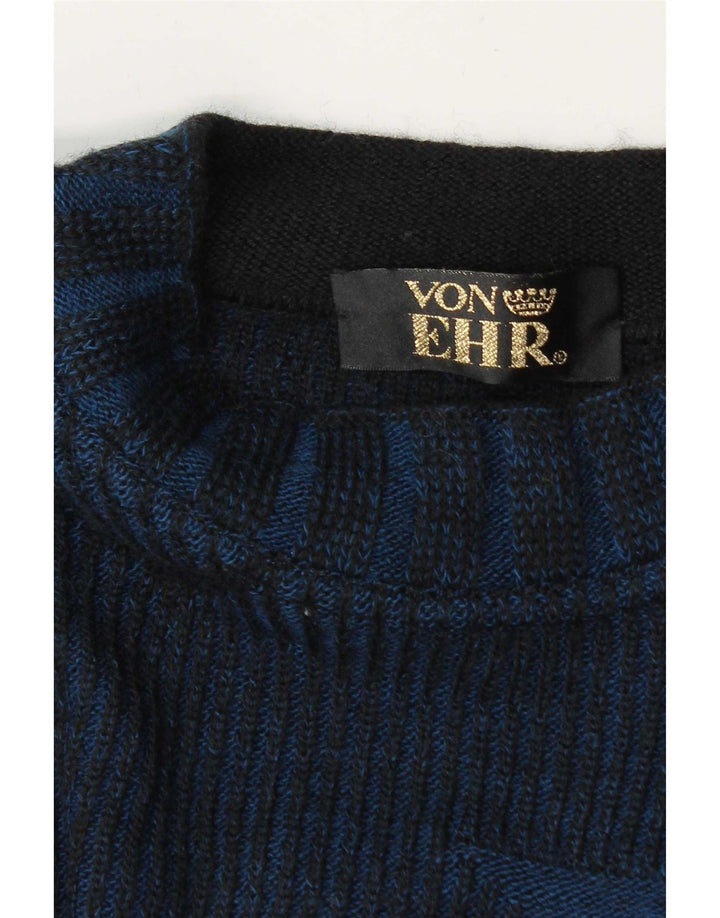 vintage Mens Crew Neck Jumper Pull Grand Bleu Marine Géométrique