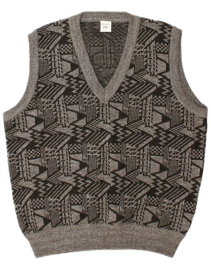 vintage Mens Vest Tank Top 2XL Gris Géométrique Laine
