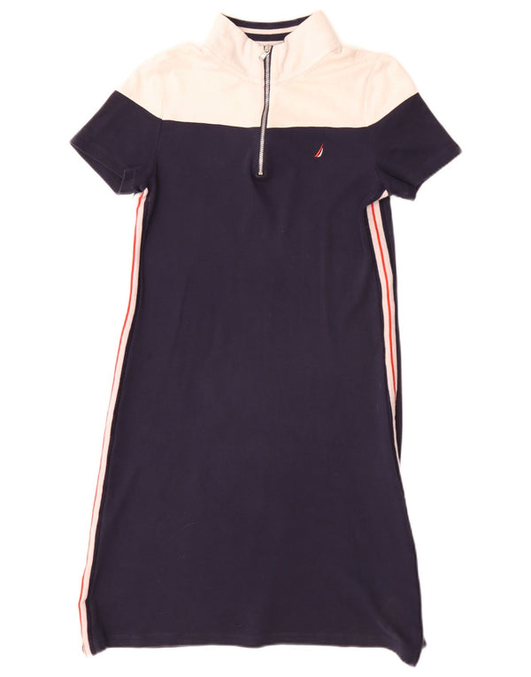 Nautica Robe T-Shirt à Col Zippé pour Femme UK 6 XS Bleu Marine Colorblock Coton