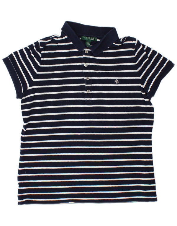 RALPH LAUREN Polo Femme UK 16 Grand Coton Rayé Bleu Marine