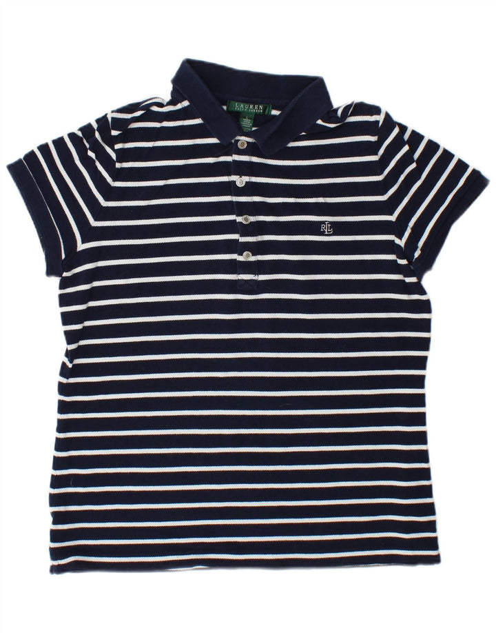 RALPH LAUREN Polo Femme UK 16 Grand Coton Rayé Bleu Marine