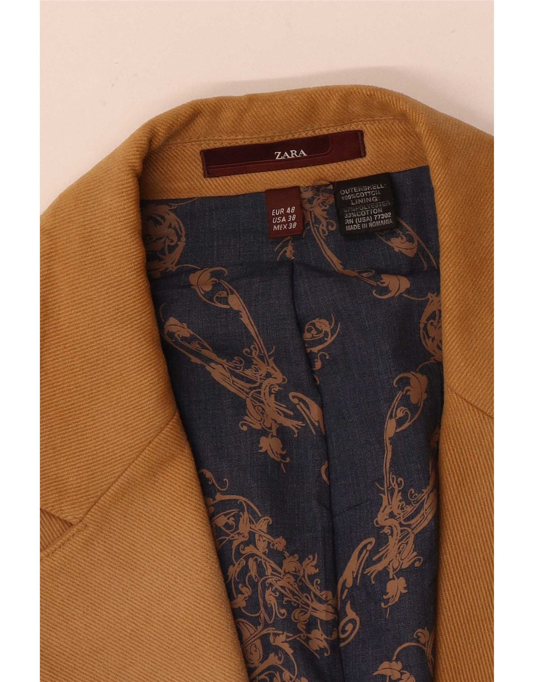 Zara Veste Blazer 2 Boutons Homme EU 48 Coton Marron Moyen