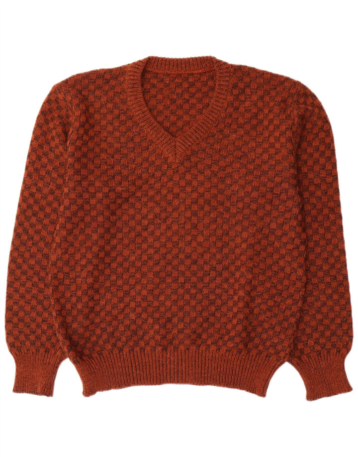 vintage Mens V-Col Jumper Pull Petit Marron Géométrique